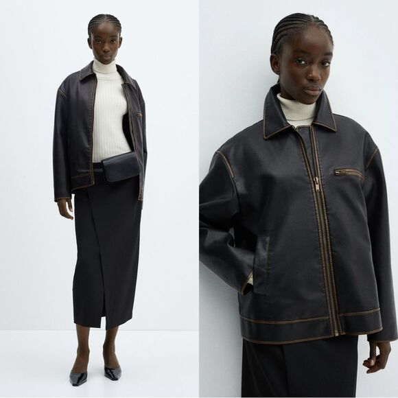NEW Mango Oversized Worn-Effect Leather Jacket - Picture 3 of 17
